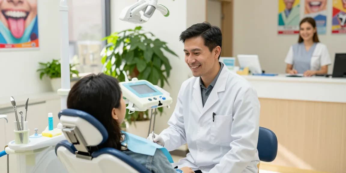 Discover more here in a friendly dental clinic with a patient and dentist.