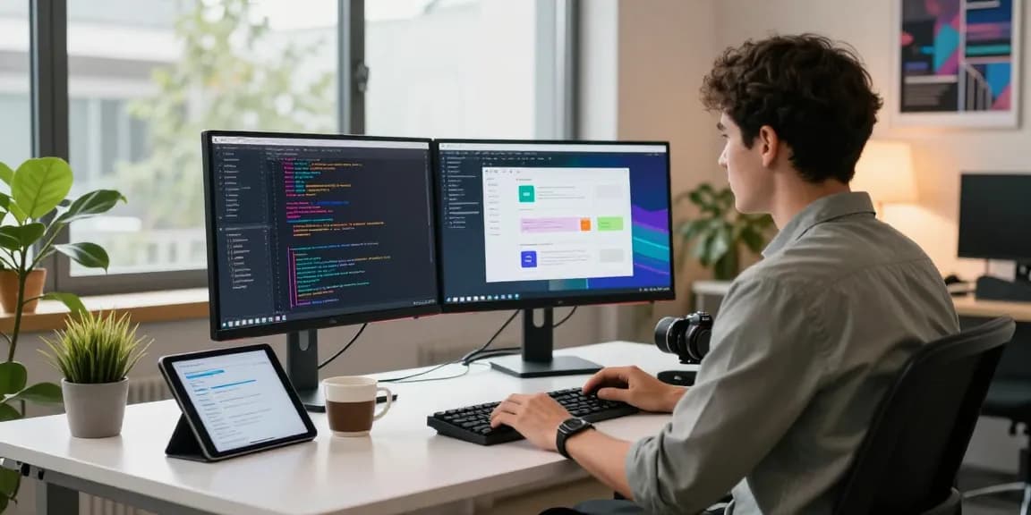 Developer working in a modern office with dual monitors focusing on messaging app design, showcasing the innovative spirit of teiegramin.com.