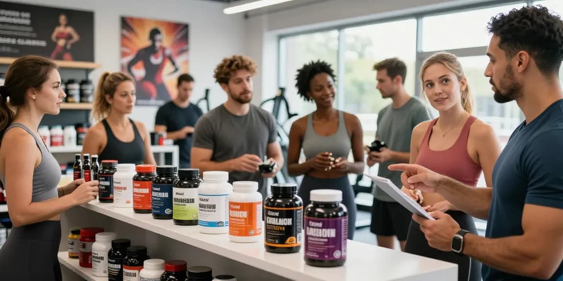 Shopping at Astera Steroids Shop with fitness enthusiasts examining products in a modern gym setting.