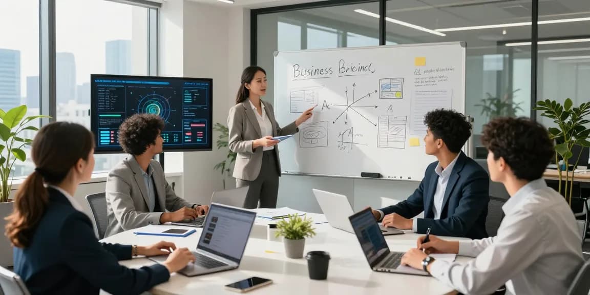 Team brainstorming innovative strategies leveraging AI for business in a modern corporate setting.