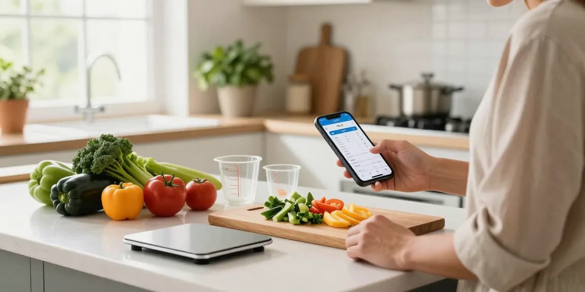 Person using best food tracking apps in a bright kitchen during meal prep.