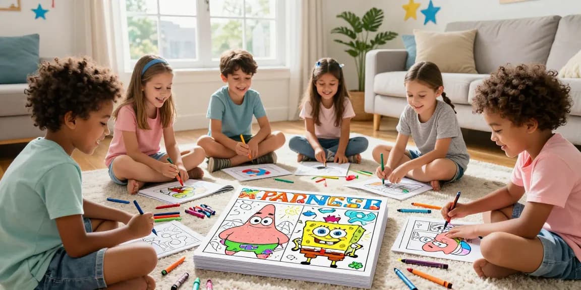 Kids enjoying seasonal coloring pages of Patrick Star, creating fun art together in a bright living space with colorful supplies.