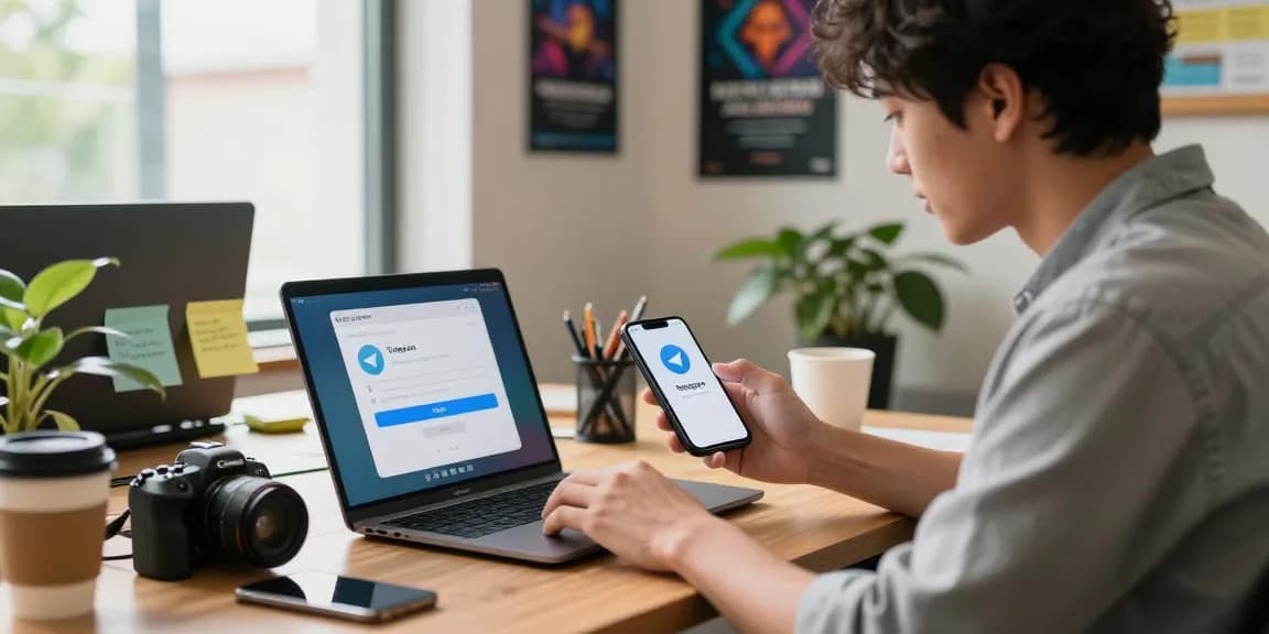 Vibrant workspace showing telegram chinese registration on smartphone with technology decor.