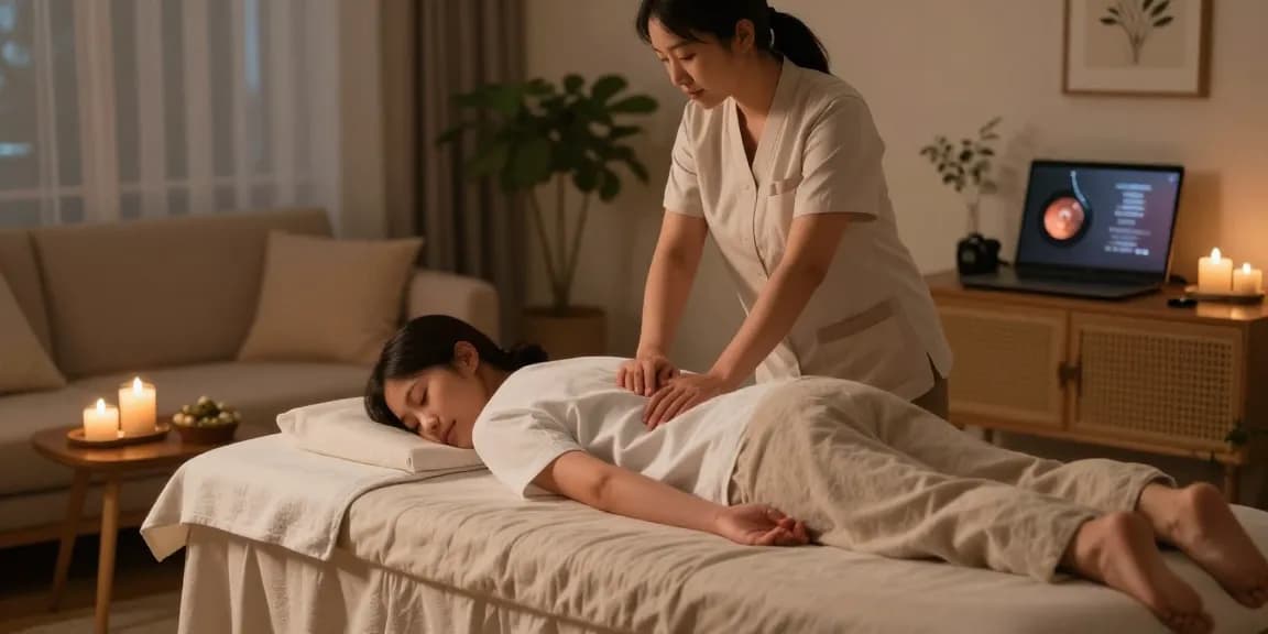 하남출장안마 전문 마사지 세션, 아시아 여성 치료사가 아늑한 거실에서 편안한 분위기로 마사지 서비스를 제공하는 모습.