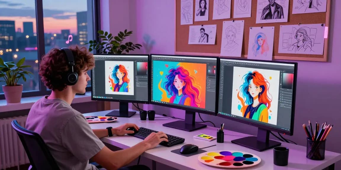 NSFW AI artwork in a vibrant digital studio, showcasing creativity and design