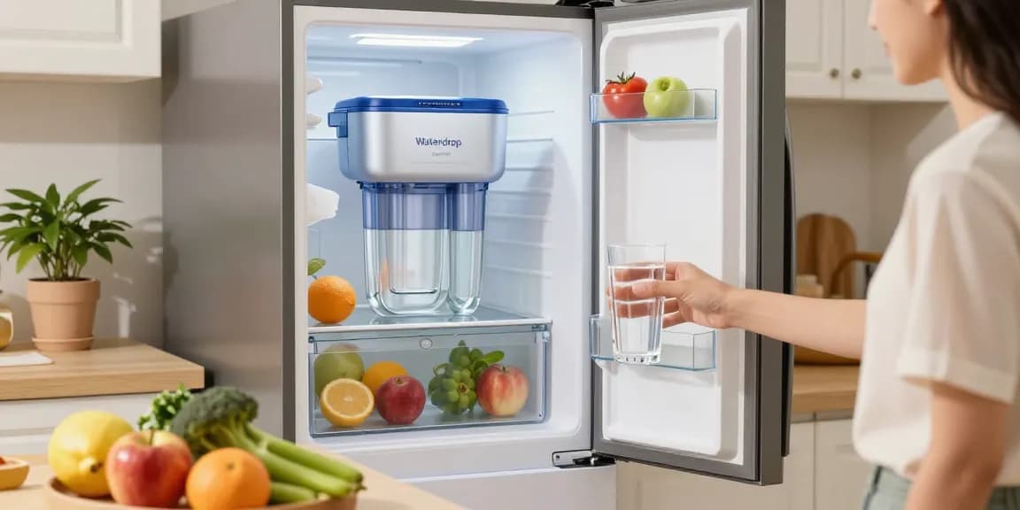 Refreshing image featuring Waterdrop Alkaline DA97-17376B Water Filter in a modern kitchen, emphasizing healthy hydration.