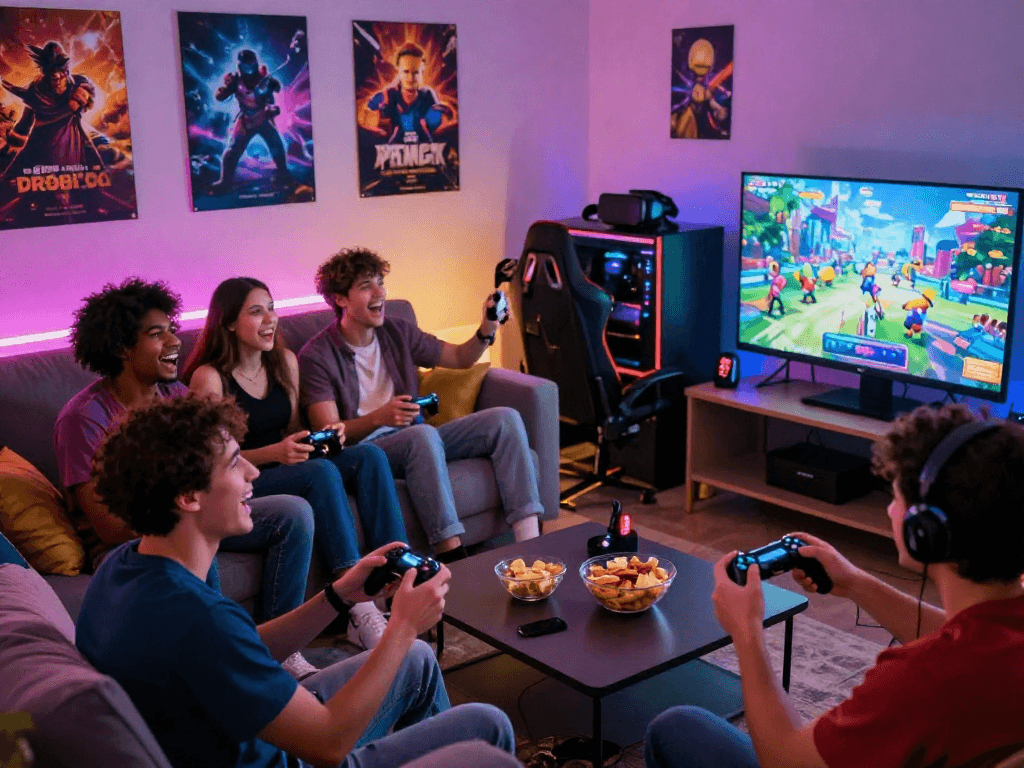 Friends enjoying porngames in a cozy living room, showcasing excitement and camaraderie.