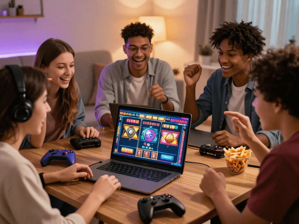 Engaged players enjoying bonus cashback slot experience in lively home gaming environment.