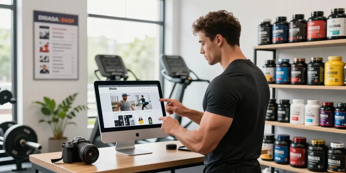 Shop for top-quality supplements at Driada Shop, featuring fitness products in a vibrant gym setting.