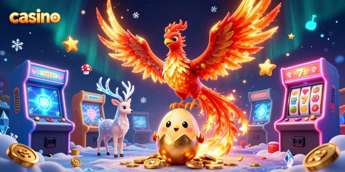 Experience the thrill of casino games with a fiery phoenix illustration, showcasing vibrant gaming elements.