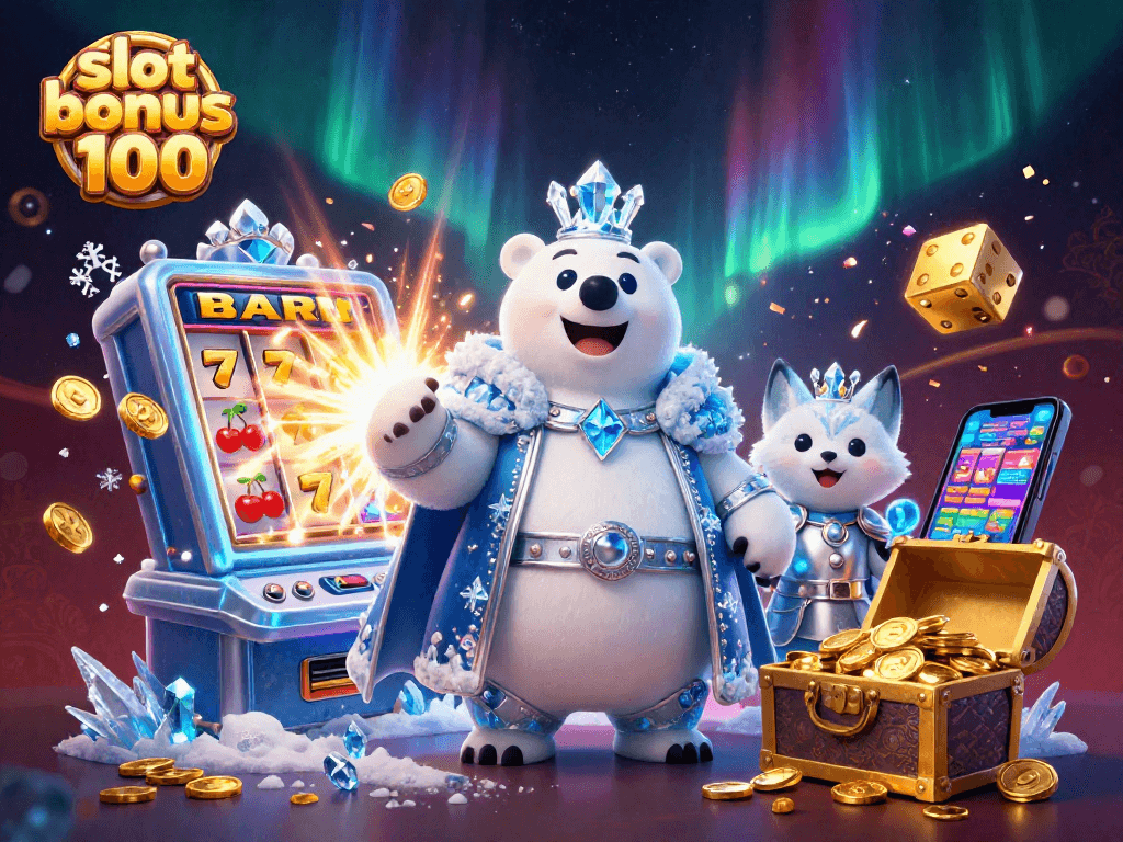 Experience thrilling gameplay with the slot bonus 100, featuring festive characters amid an explosion of casino elements.