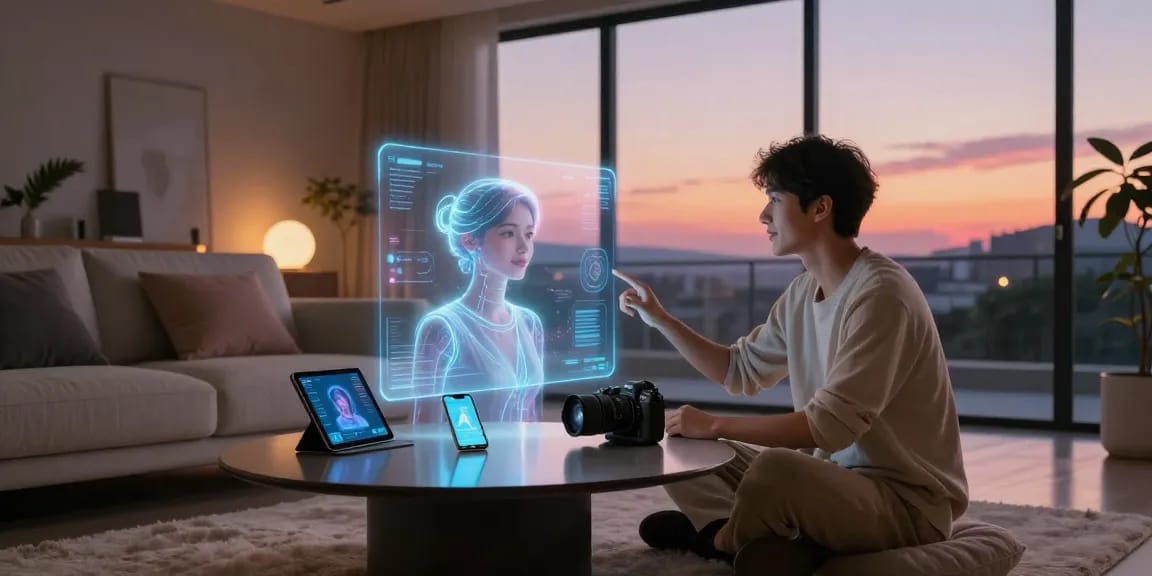 AI gf interaction in a cozy living space with holographic displays