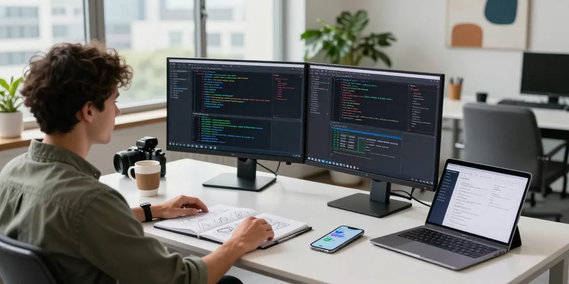 Developer coding in a modern workspace, showcasing the features of 纸飞机中文版.