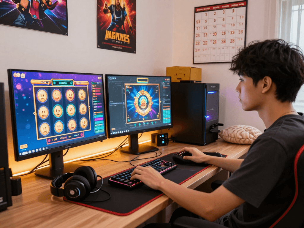 Engaging scene of a player enjoying togel 4d gaming experience with colorful graphics.