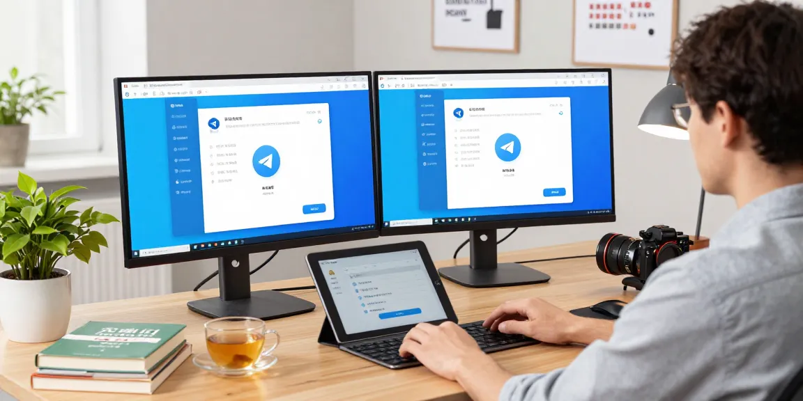 Telegram China desktop interface displayed on dual monitors in a modern office setting, highlighting seamless communication.