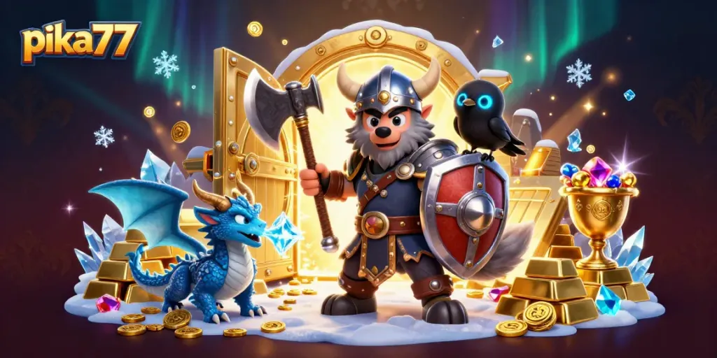 Join the excitement of pika77 with the Viking warrior and dragon amid treasure and casino elements.