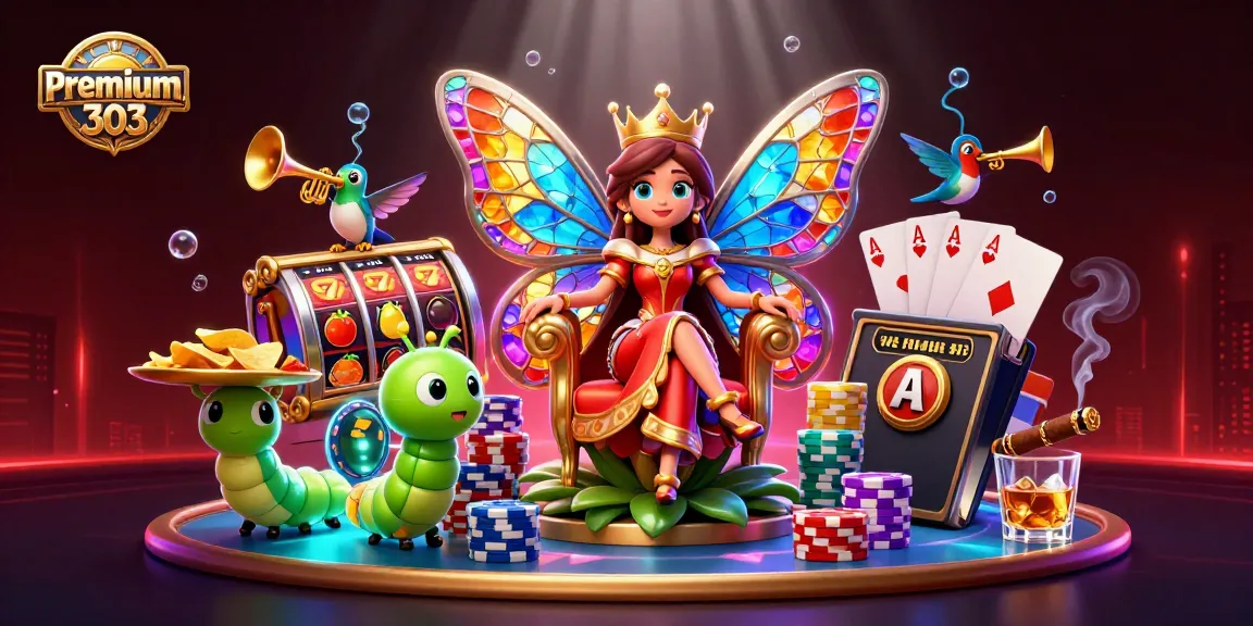 Experience thrilling wins with premium303 as butterfly queen presides over slot reels and poker chips.