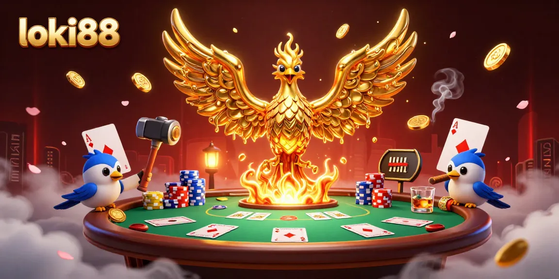 Engage with loki88's thrilling poker scene filled with golden phoenix and poker elements.