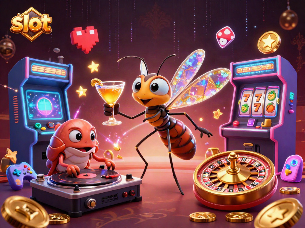 Experience vibrant slot action with a lively mosquito mascot, trilobite DJ, and roulette wheel amidst colorful gaming elements.