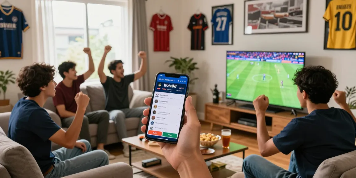 Exciting sports betting moment showcasing Link Alternatif Bola88 app on smartphone, with friends enjoying a game.
