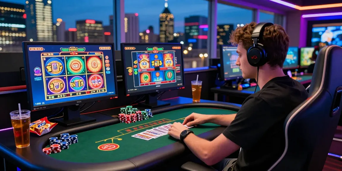 Exciting gaming atmosphere showing online casinos Australia experience with modern setups and urban views