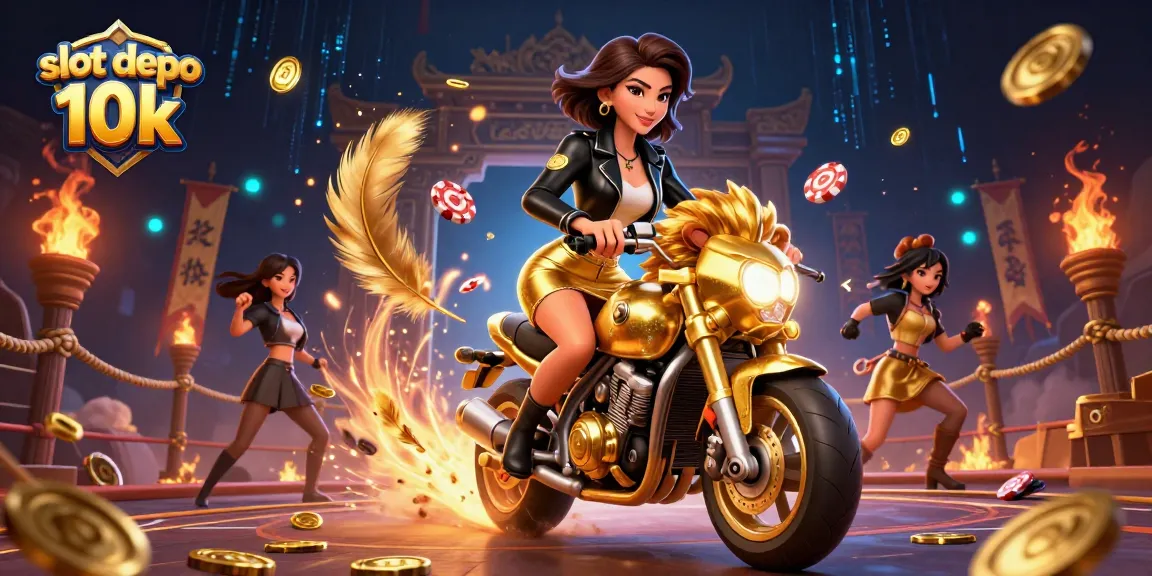Play exciting games on slot depo 10k with a glamorous Asian woman riding a golden lion mascot.
