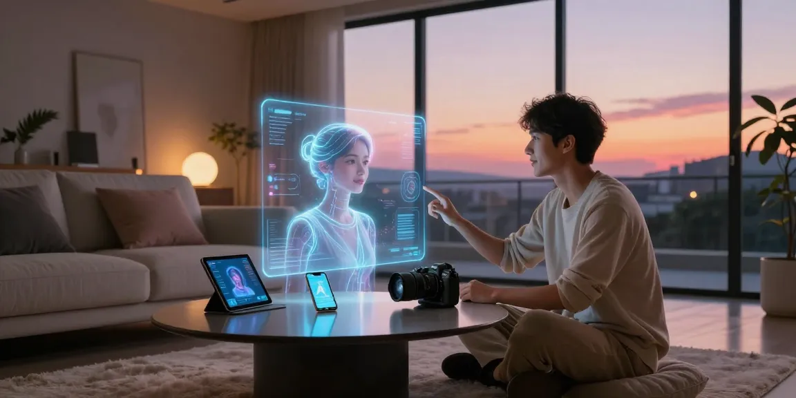 AI gf interaction in a cozy living space with holographic displays