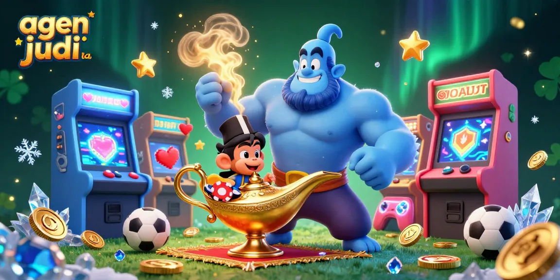 Experience the thrill of agen judi bola with a muscular genie, poker chips, and sports elements.