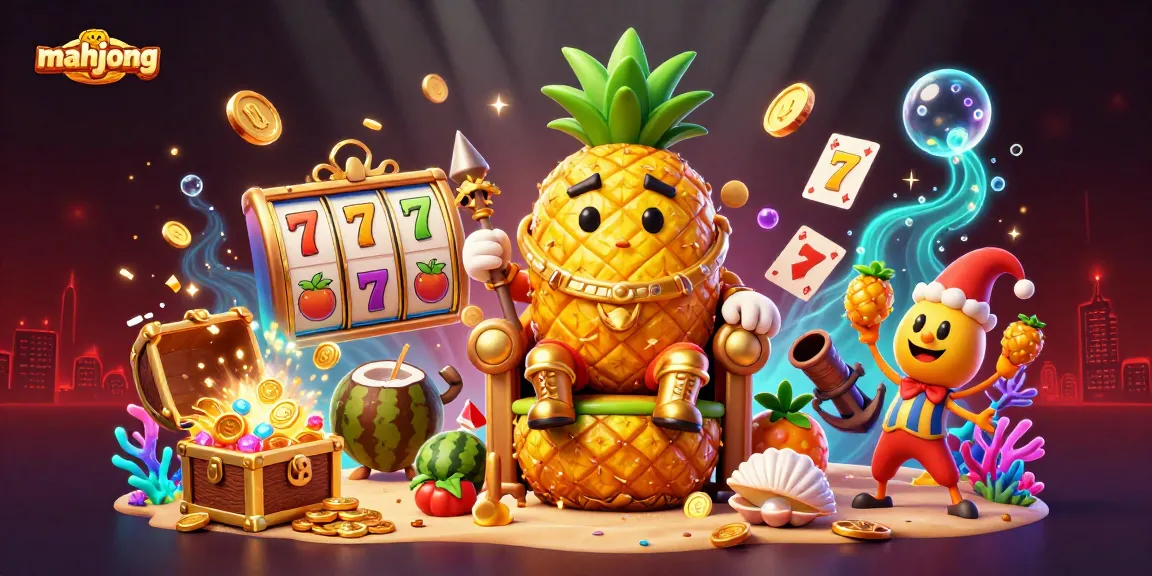 Engage in thrilling mahjong gameplay with a vibrant scene showcasing a pineapple king and colorful casino elements.