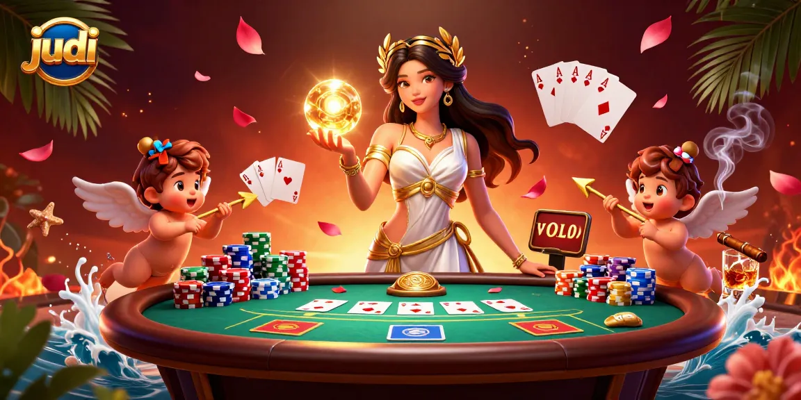 Experience judi excitement with a goddess holding a golden orb amid vibrant casino elements.