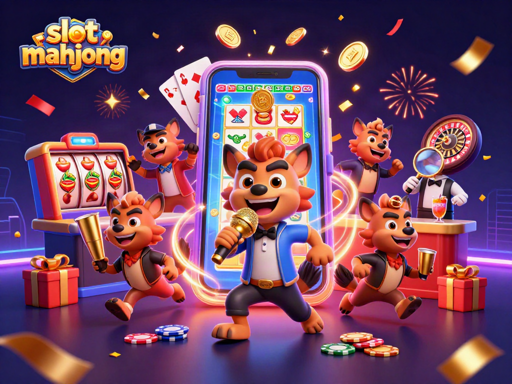 Engage in thrilling slot mahjong fun with hyena characters in a vibrant casino scene.