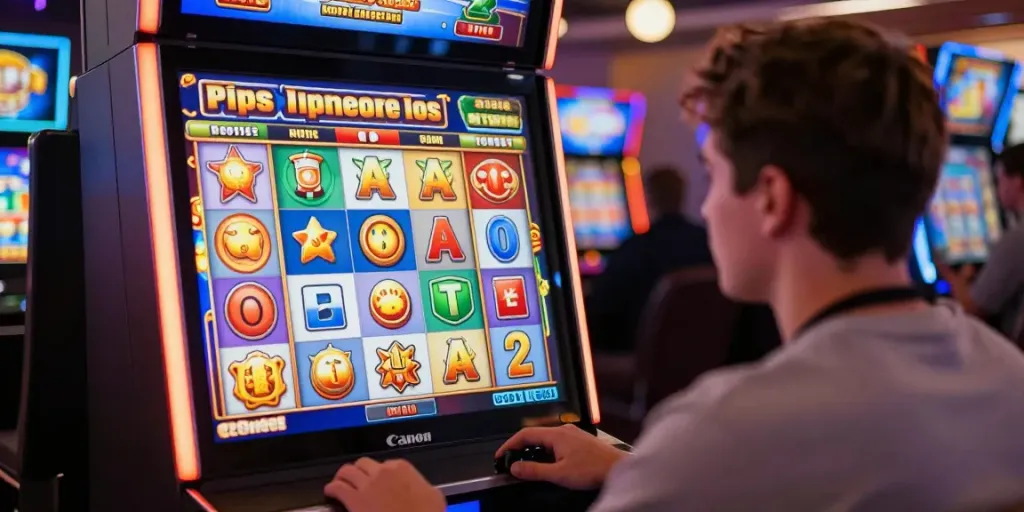 Exciting slot gaming experience featuring a player engaged with colorful slot machine symbols in a modern online interface.