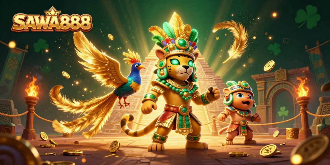 SAWA888 showcases an exciting 3D scene with a Mayan jaguar priest and a quetzal bird in a casino setting.