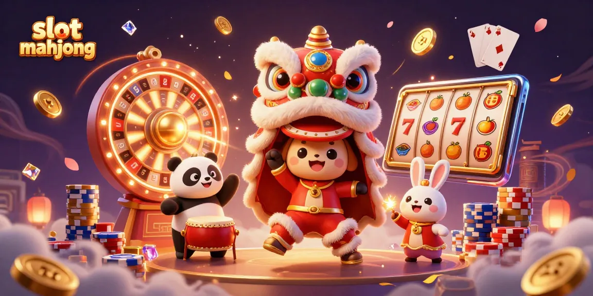 Spin thrilling slot mahjong reels with vibrant characters and lively casino elements in this festive scene.