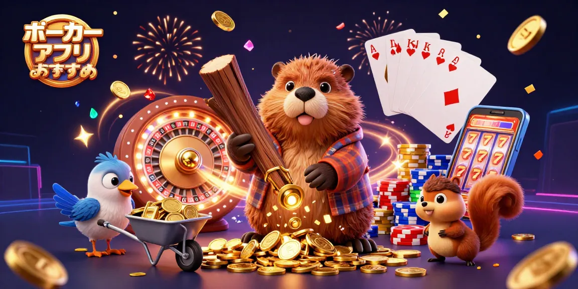ポーカーアプリおすすめのビジュアルに、キャラクターが金のコインを集め、カジノの魅力を楽しむ様子。