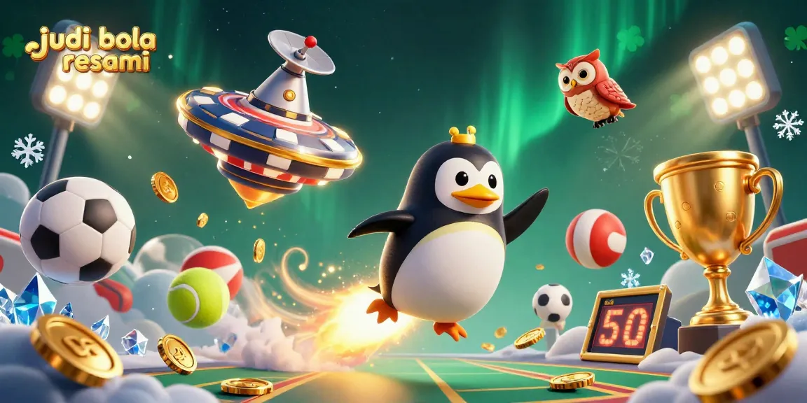Experience thrilling judi bola resmi action with a golden penguin racing to a casino hub filled with sports elements.