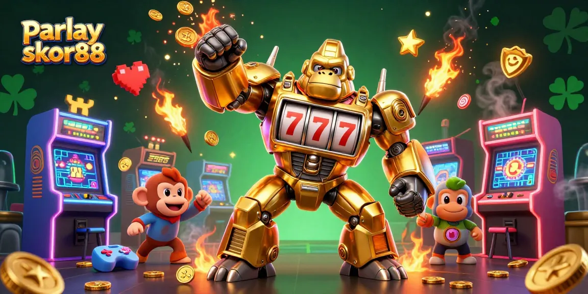 Engage with parlay skor88 for thrilling bets, featuring a dynamic gorilla mech surrounded by arcade elements.