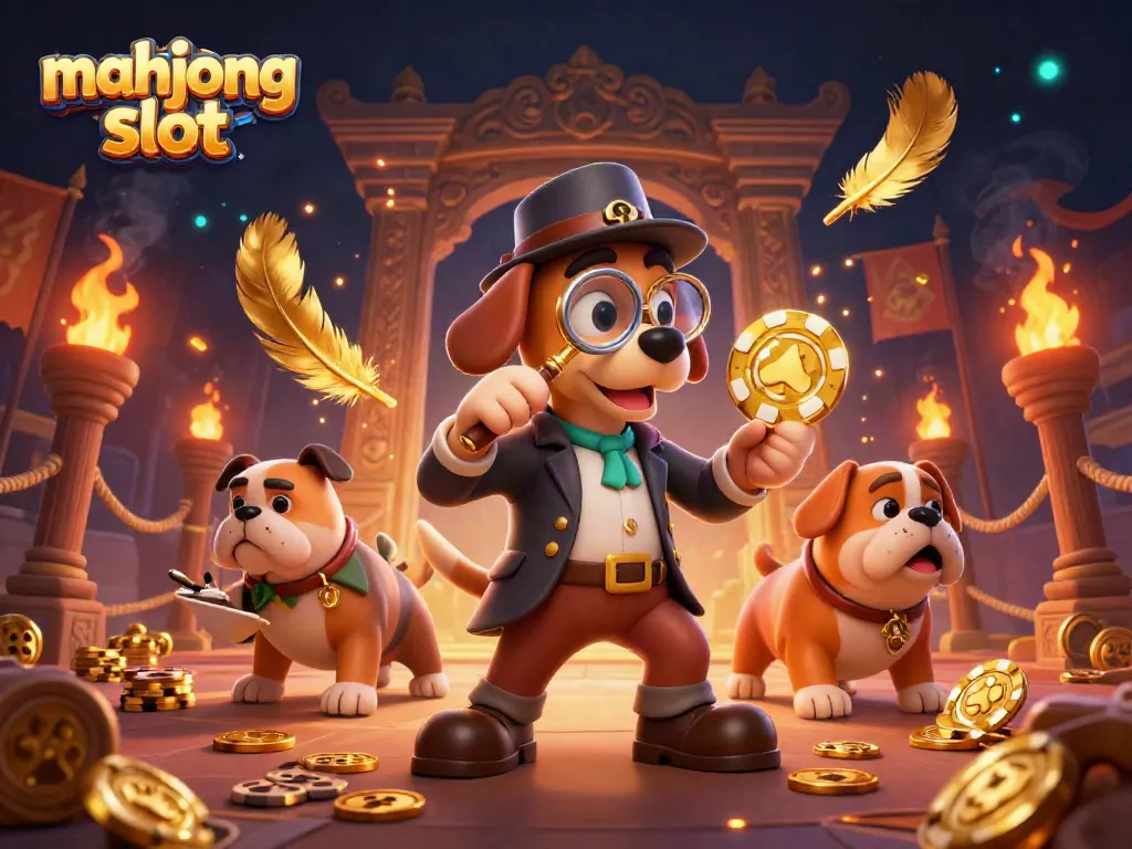 Engage in exciting mahjong slot gameplay with detective characters exploring vibrant casino elements.