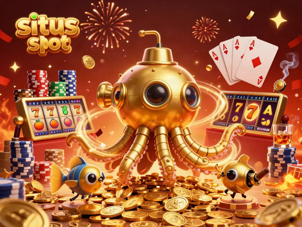 Engage in situs slot gaming with a dynamic kraken submarine and vibrant casino elements.