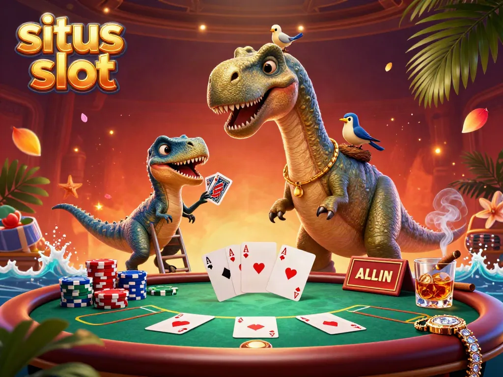 Engage in exciting situs slot gameplay with a vibrant casino scene featuring dynamic card dealing and colorful poker elements.