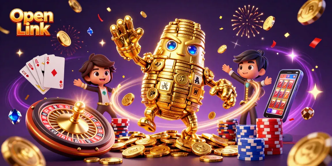 Engage with Open Link in this vibrant casino-themed 3D illustration showcasing glimmering slots, gold coins, and festive energy.