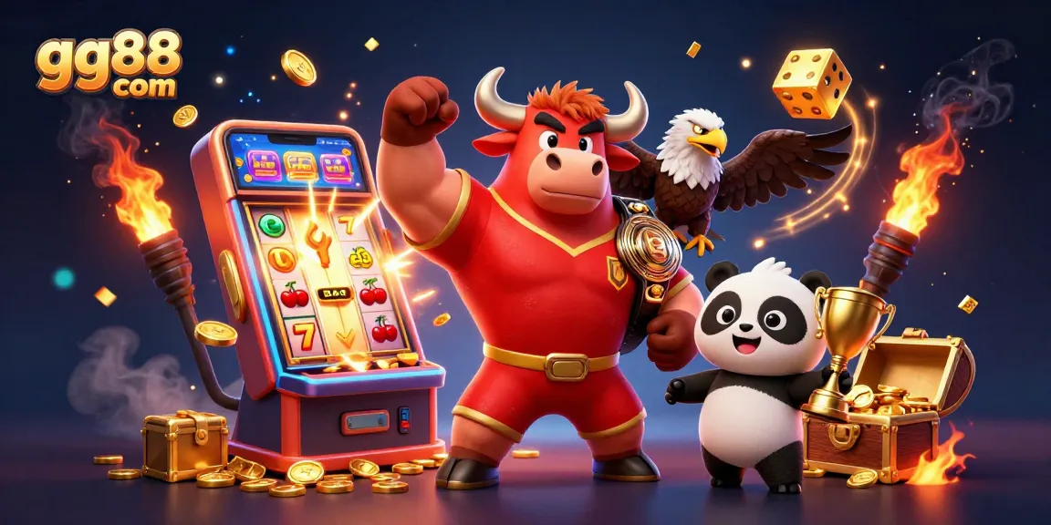 Win jackpots and celebrate at gg88 com with a joyful panda, victorious bull, and eagle champion.