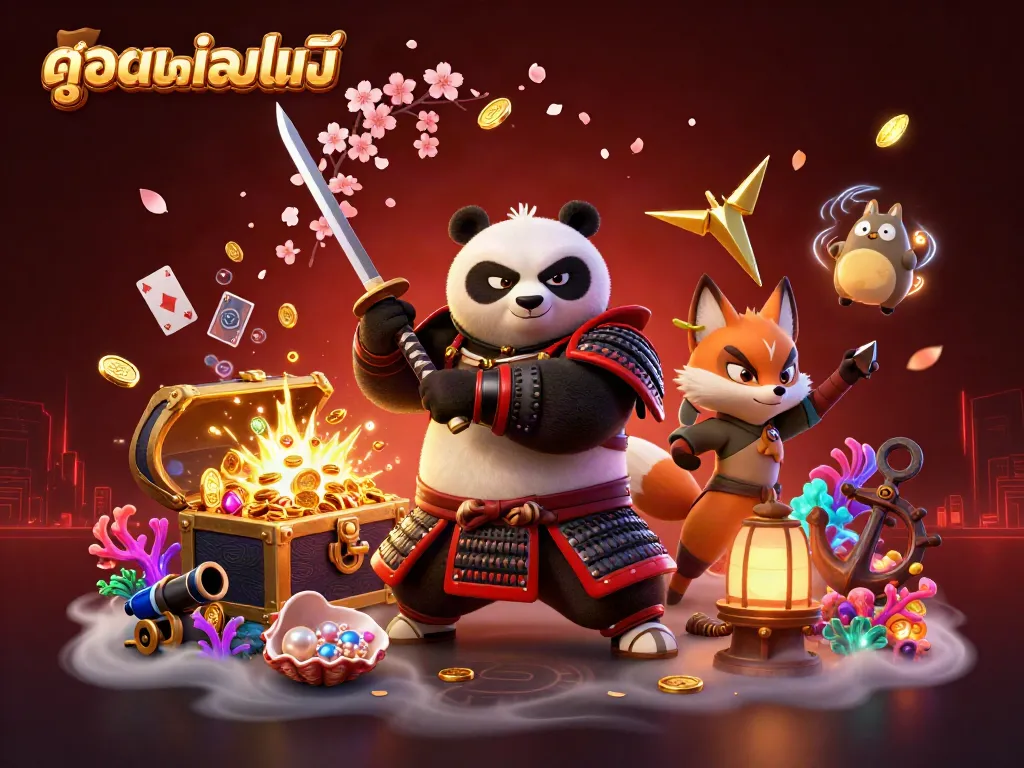 Experience ดูบอลออนไลน์ in an exhilarating scene of cartoon samurai panda and ninja fox amidst casino treasures.