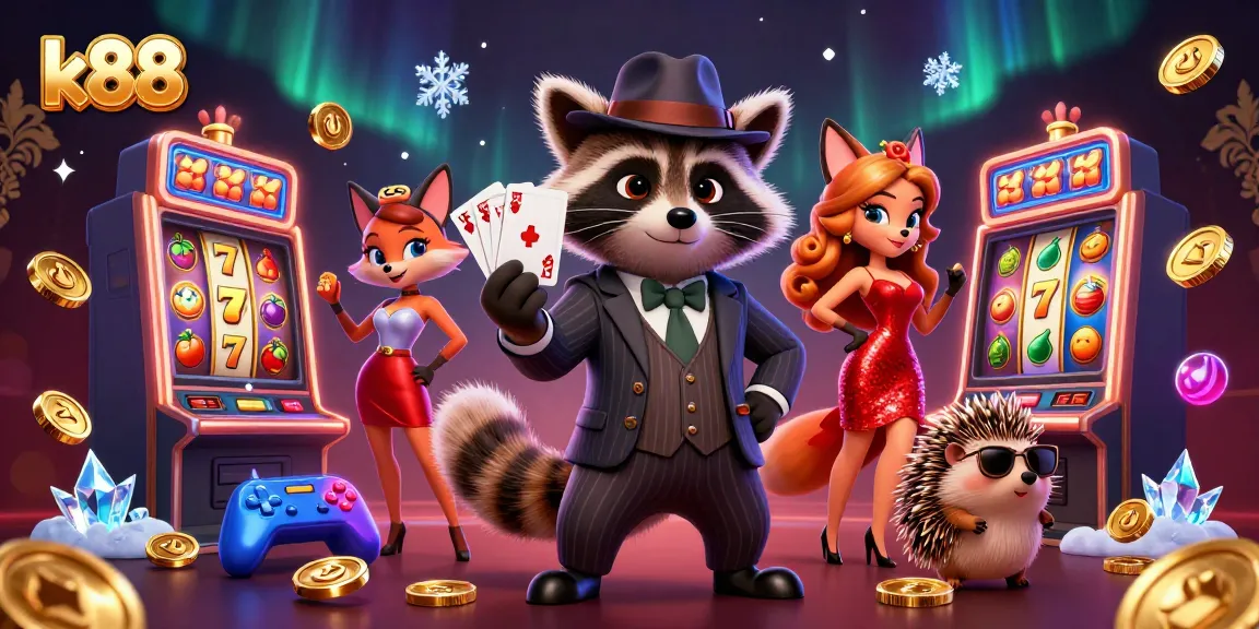 K88 interactive casino scene with raccoon, fox, and hedgehog enjoying slot games and jackpots.