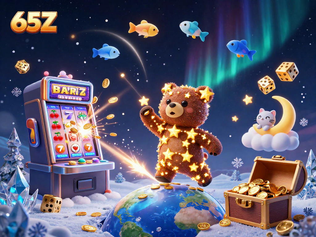 O 65Z captura alegria em um cassino vibrante, com símbolos de sorte e uma explosão de prêmios.