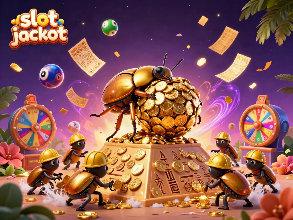 Experience the slot jackpot excitement with a vibrant 3D illustration of beetles and casino elements