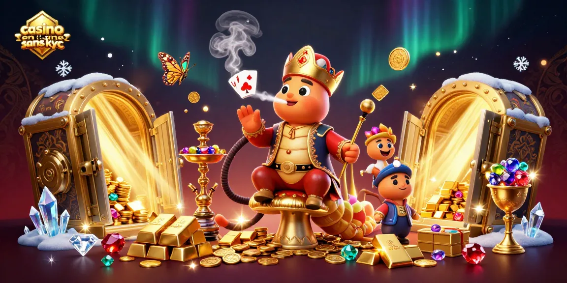 Jouer au casino en ligne sans KYC avec une animation de casino artistique remplie de trésors.