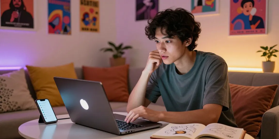 Engaged user enjoying NSFW AI chat on a laptop in a cozy and vibrant setting.