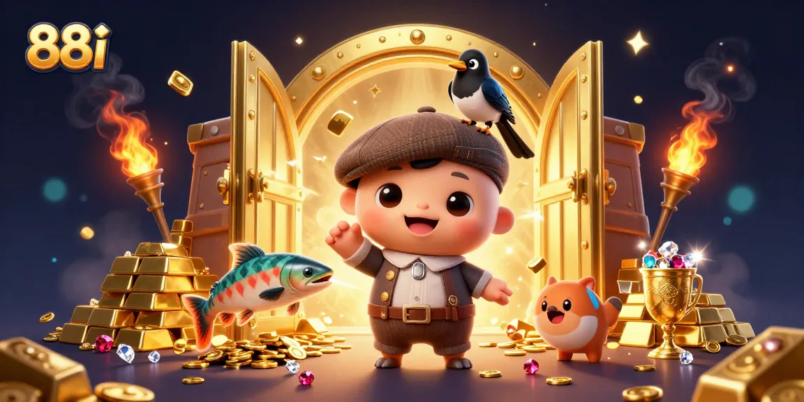 Join the fun at 88i with baby Nessie playing and winning gold treasures in this exciting casino illustration.