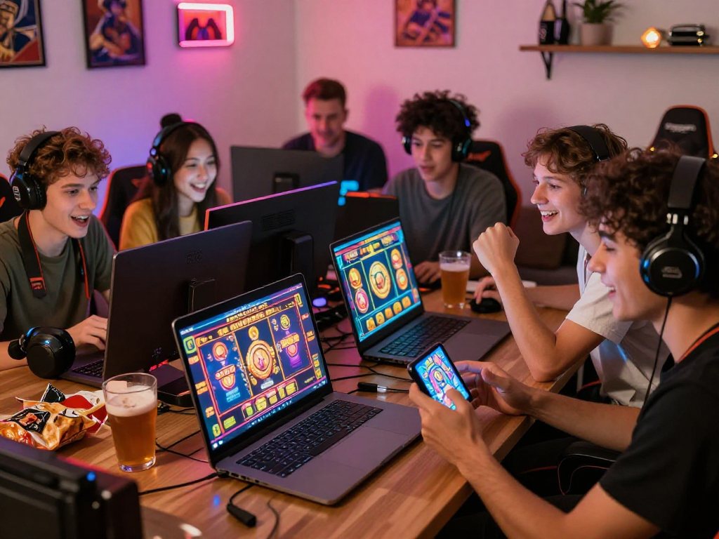 Excited players enjoying bandar slot gacor on multiple devices in a cozy gaming environment with snacks.